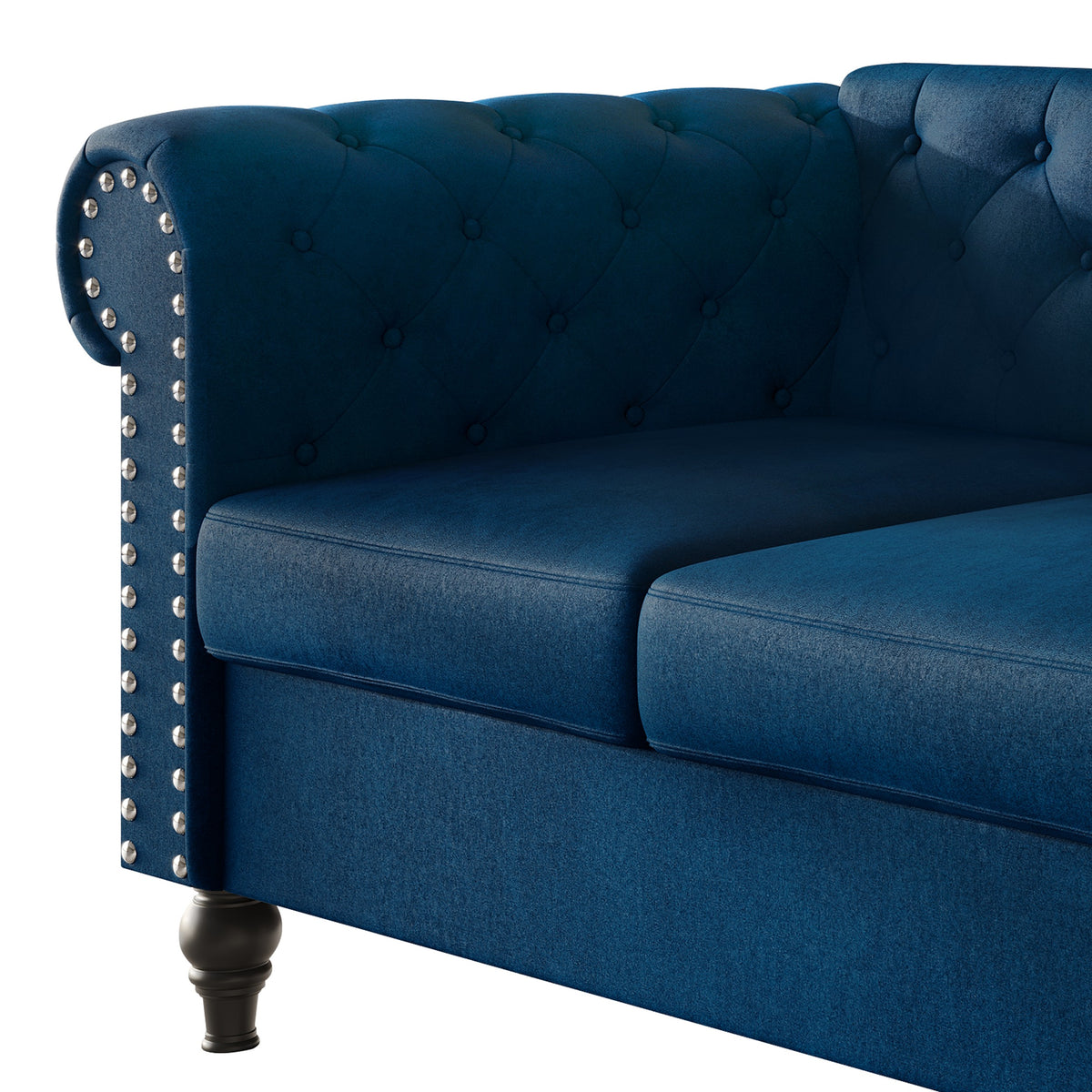 Home Design Kelso Velvet Rolled Arm Sofa with Deep Button Tufting, Nailhead Trim and Turned Legs