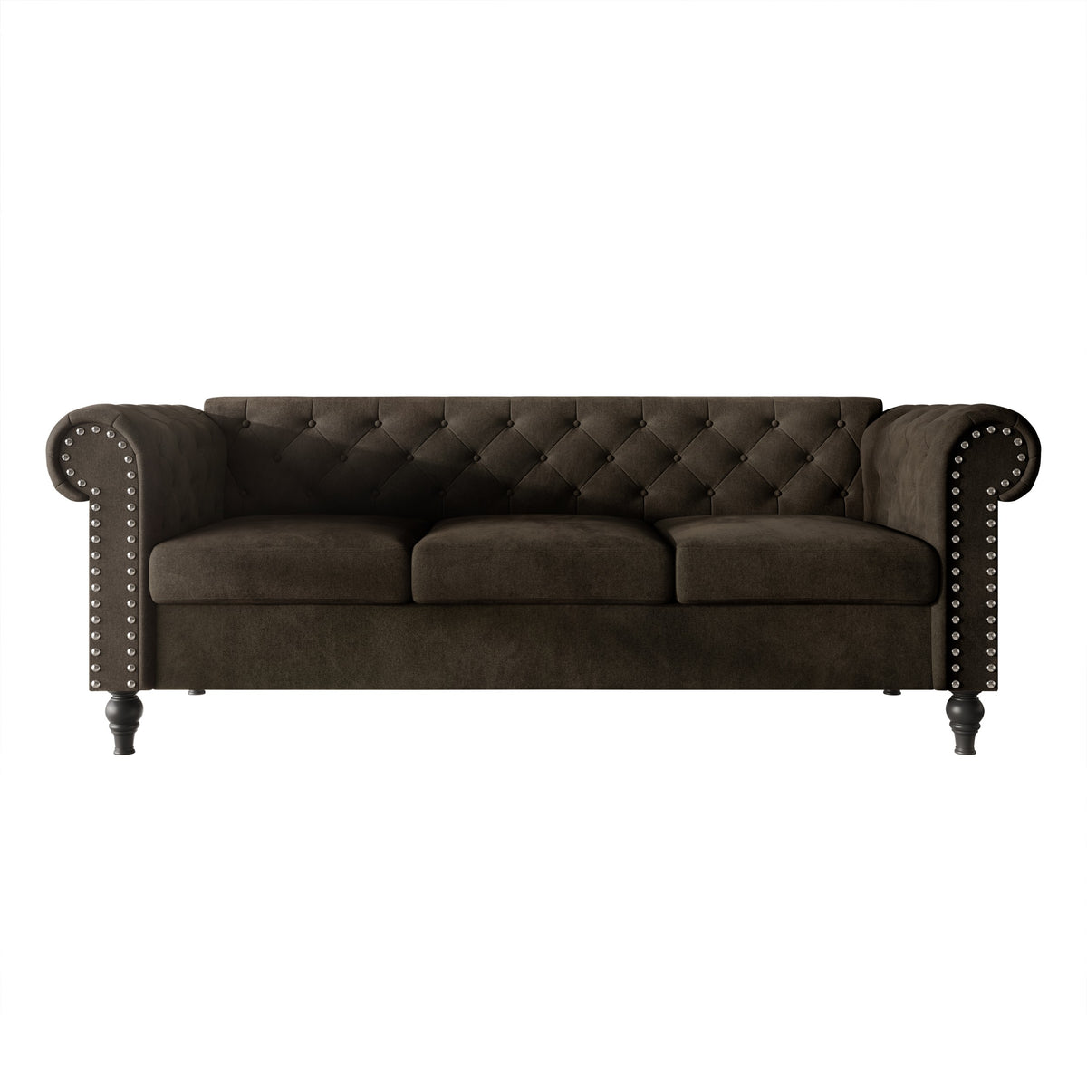 Home Design Kelso Velvet Rolled Arm Sofa with Deep Button Tufting, Nailhead Trim and Turned Legs