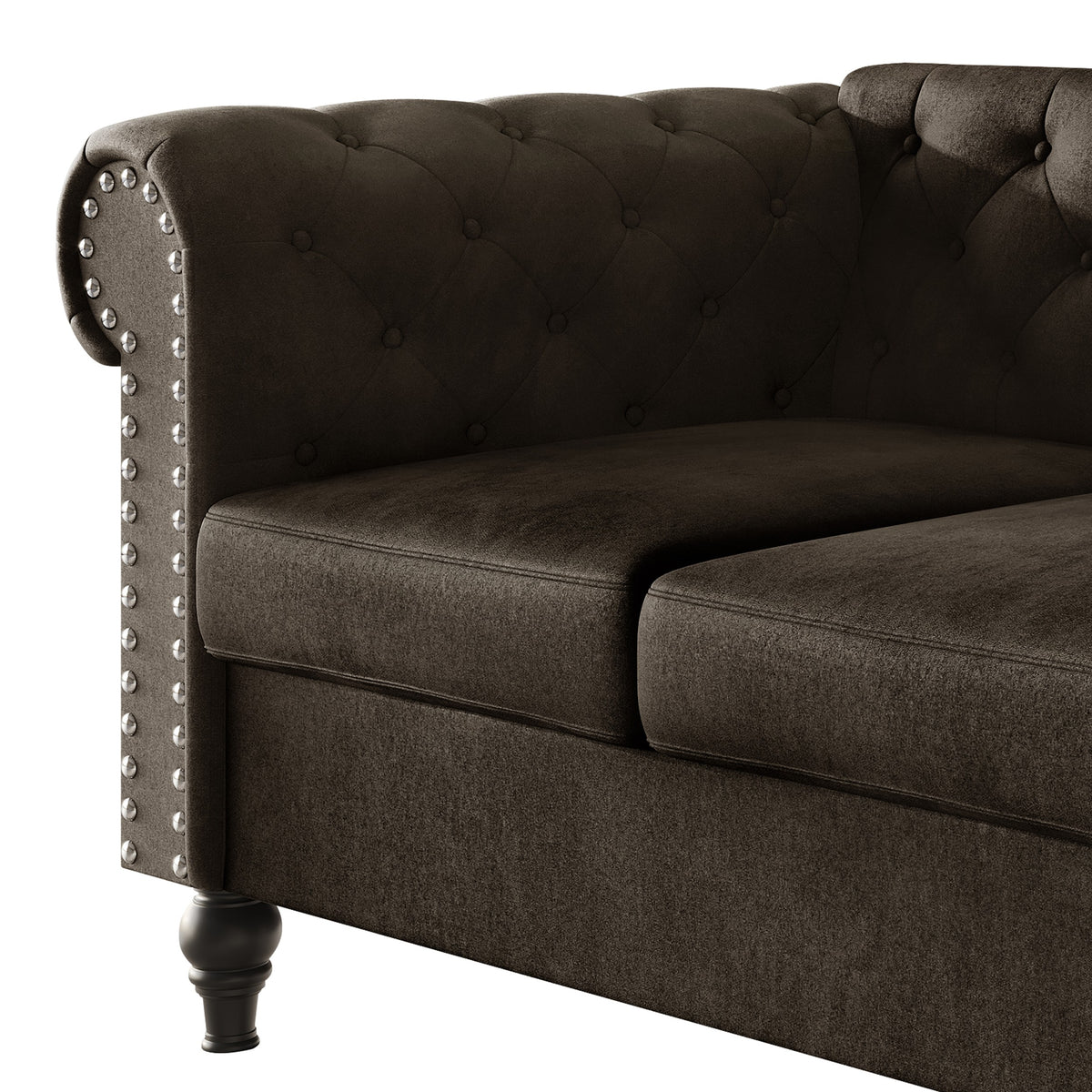 Home Design Kelso Velvet Rolled Arm Sofa with Deep Button Tufting, Nailhead Trim and Turned Legs