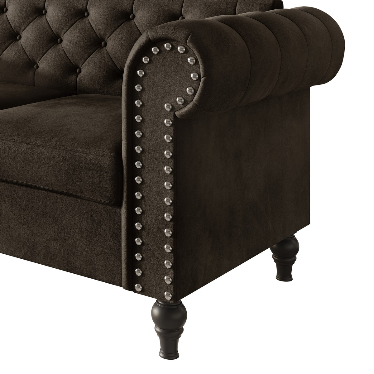 Home Design Kelso Velvet Rolled Arm Sofa with Deep Button Tufting, Nailhead Trim and Turned Legs