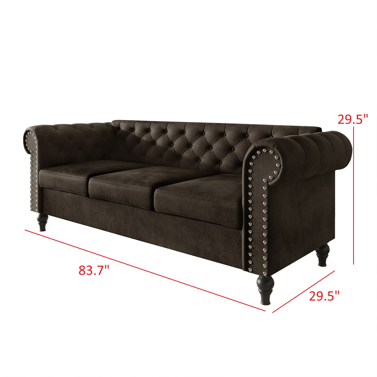 Home Design Kelso Velvet Rolled Arm Sofa with Deep Button Tufting, Nailhead Trim and Turned Legs