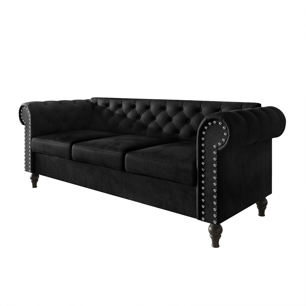 Home Design Kelso 3-Piece Velvet Living Room Set With Rolled Arm Chair, Loveseat and Sofa, Deep Button Tufting and Turned Legs