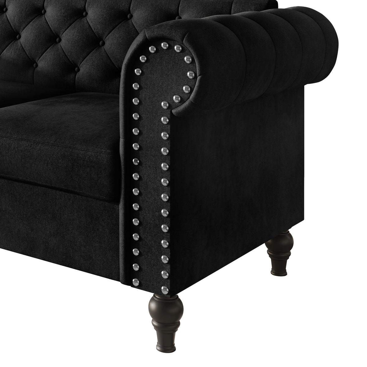 Home Design Kelso Velvet Rolled Arm Sofa with Deep Button Tufting, Nailhead Trim and Turned Legs