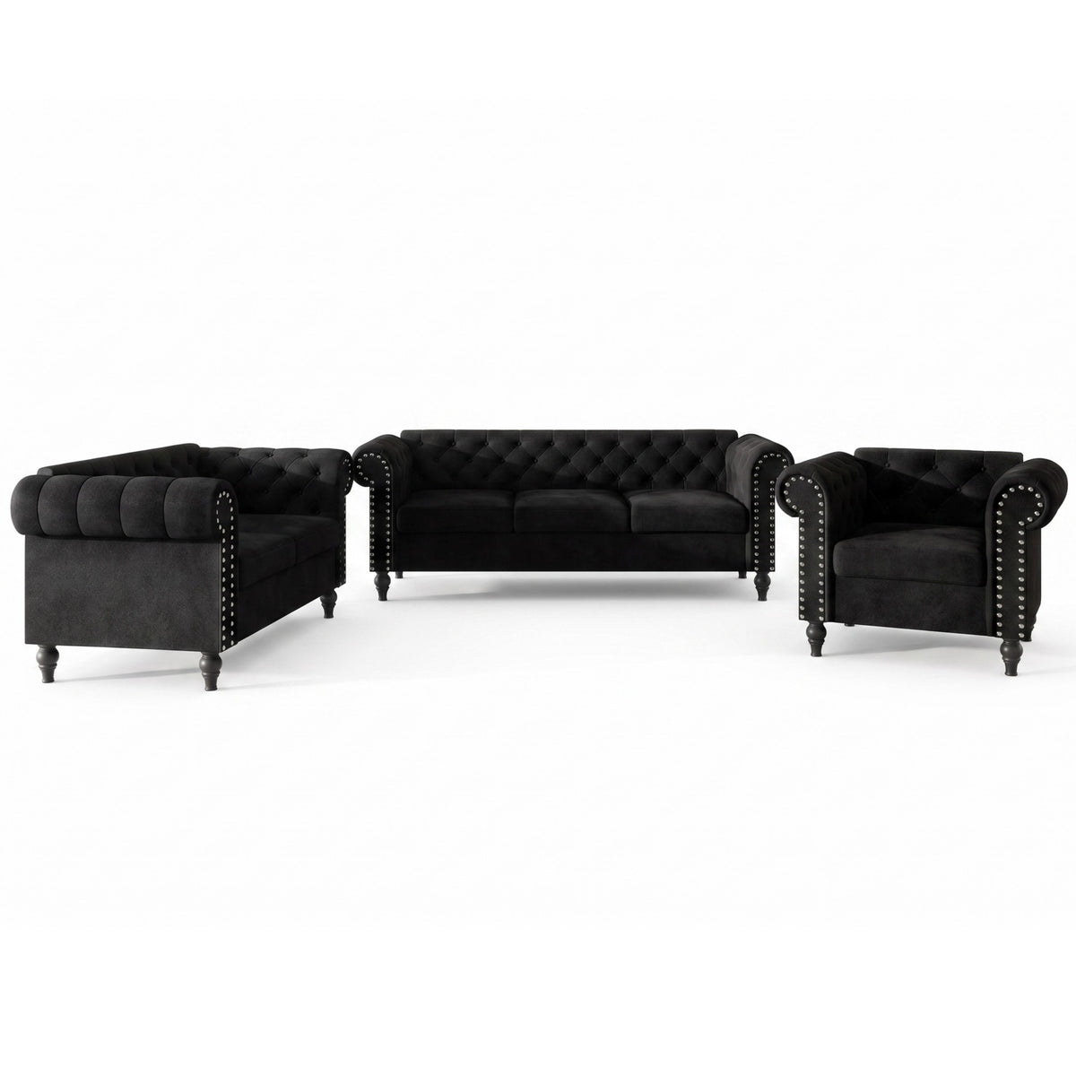 Home Design Kelso 3-Piece Velvet Living Room Set With Rolled Arm Chair, Loveseat and Sofa, Deep Button Tufting and Turned Legs