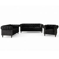 Home Design Kelso 3-Piece Velvet Living Room Set With Rolled Arm Chair, Loveseat and Sofa, Deep Button Tufting and Turned Legs