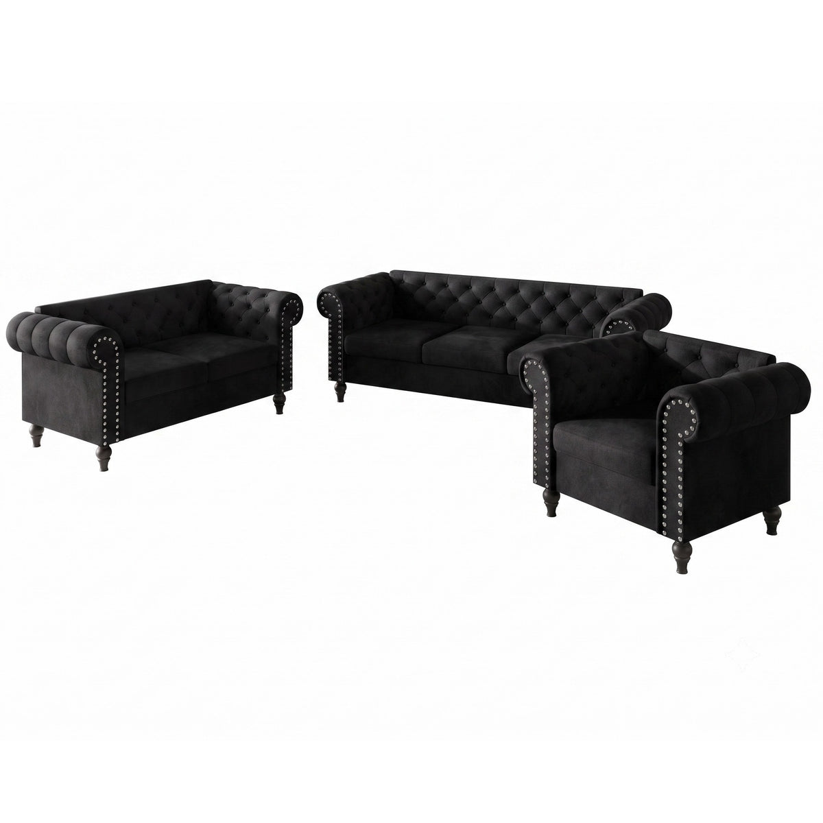 Home Design Kelso 3-Piece Velvet Living Room Set With Rolled Arm Chair, Loveseat and Sofa, Deep Button Tufting and Turned Legs