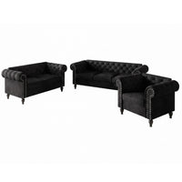 Home Design Kelso 3-Piece Velvet Living Room Set With Rolled Arm Chair, Loveseat and Sofa, Deep Button Tufting and Turned Legs