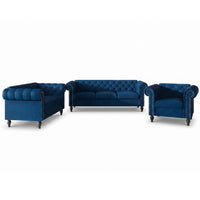 Home Design Kelso 3-Piece Velvet Living Room Set With Rolled Arm Chair, Loveseat and Sofa, Deep Button Tufting and Turned Legs