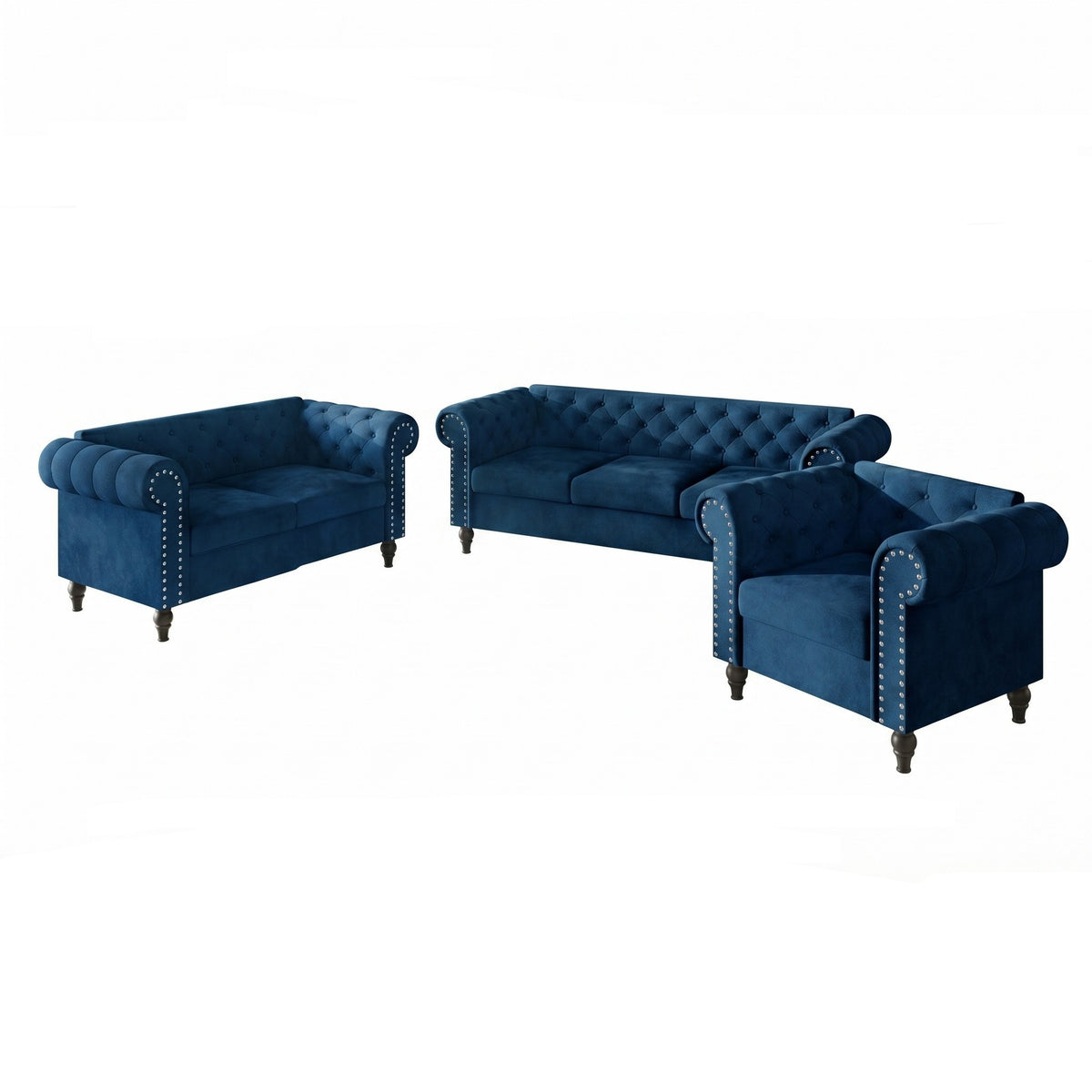 Home Design Kelso 3-Piece Velvet Living Room Set With Rolled Arm Chair, Loveseat and Sofa, Deep Button Tufting and Turned Legs