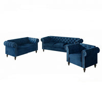 Home Design Kelso 3-Piece Velvet Living Room Set With Rolled Arm Chair, Loveseat and Sofa, Deep Button Tufting and Turned Legs