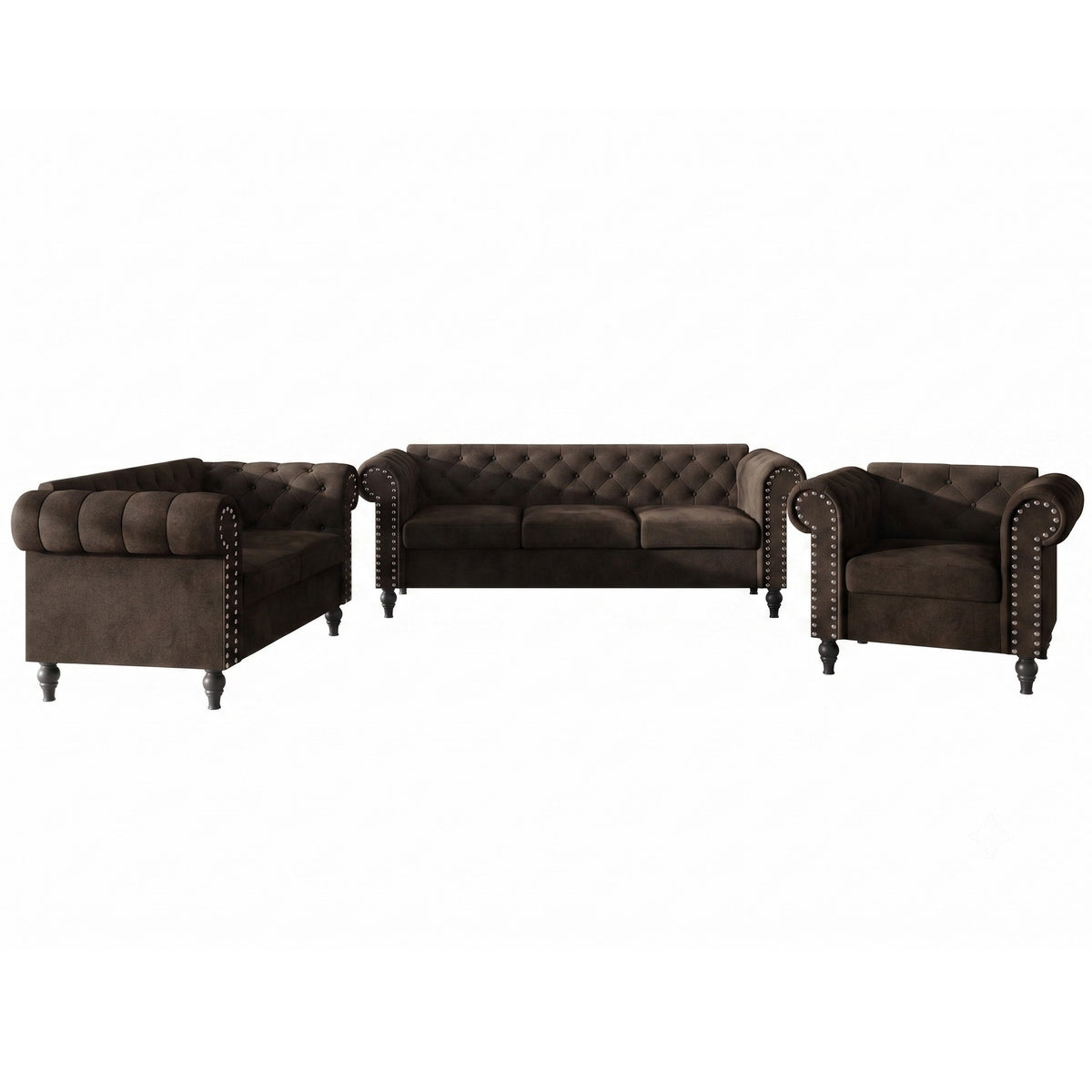 Home Design Kelso 3-Piece Velvet Living Room Set With Rolled Arm Chair, Loveseat and Sofa, Deep Button Tufting and Turned Legs