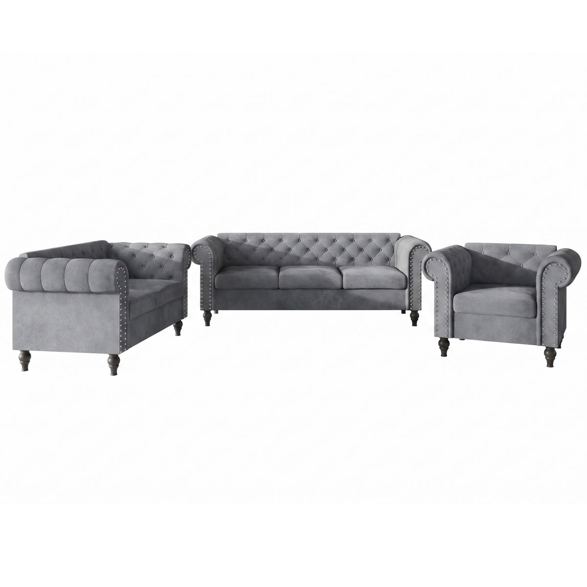 Home Design Kelso 3-Piece Velvet Living Room Set With Rolled Arm Chair, Loveseat and Sofa, Deep Button Tufting and Turned Legs