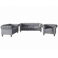 Home Design Kelso 3-Piece Velvet Living Room Set With Rolled Arm Chair, Loveseat and Sofa, Deep Button Tufting and Turned Legs