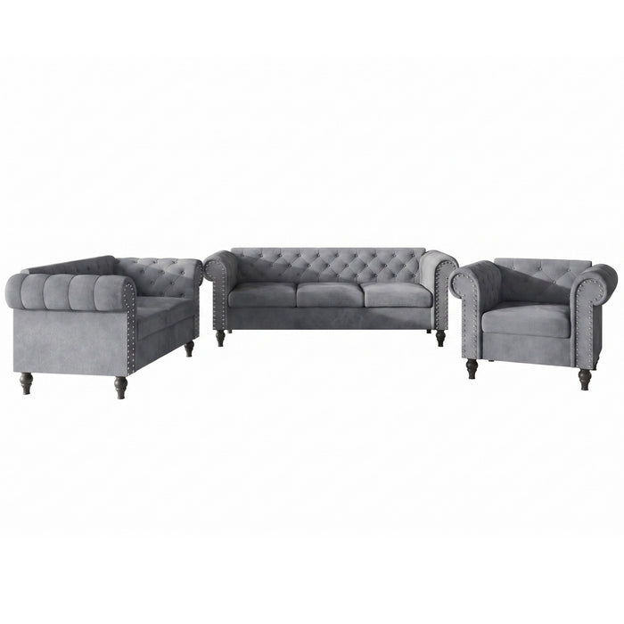 Kelso 3-Piece Velvet Living Room Set With Rolled Arm Chair, Loveseat and Sofa, Deep Button Tufting and Turned Legs