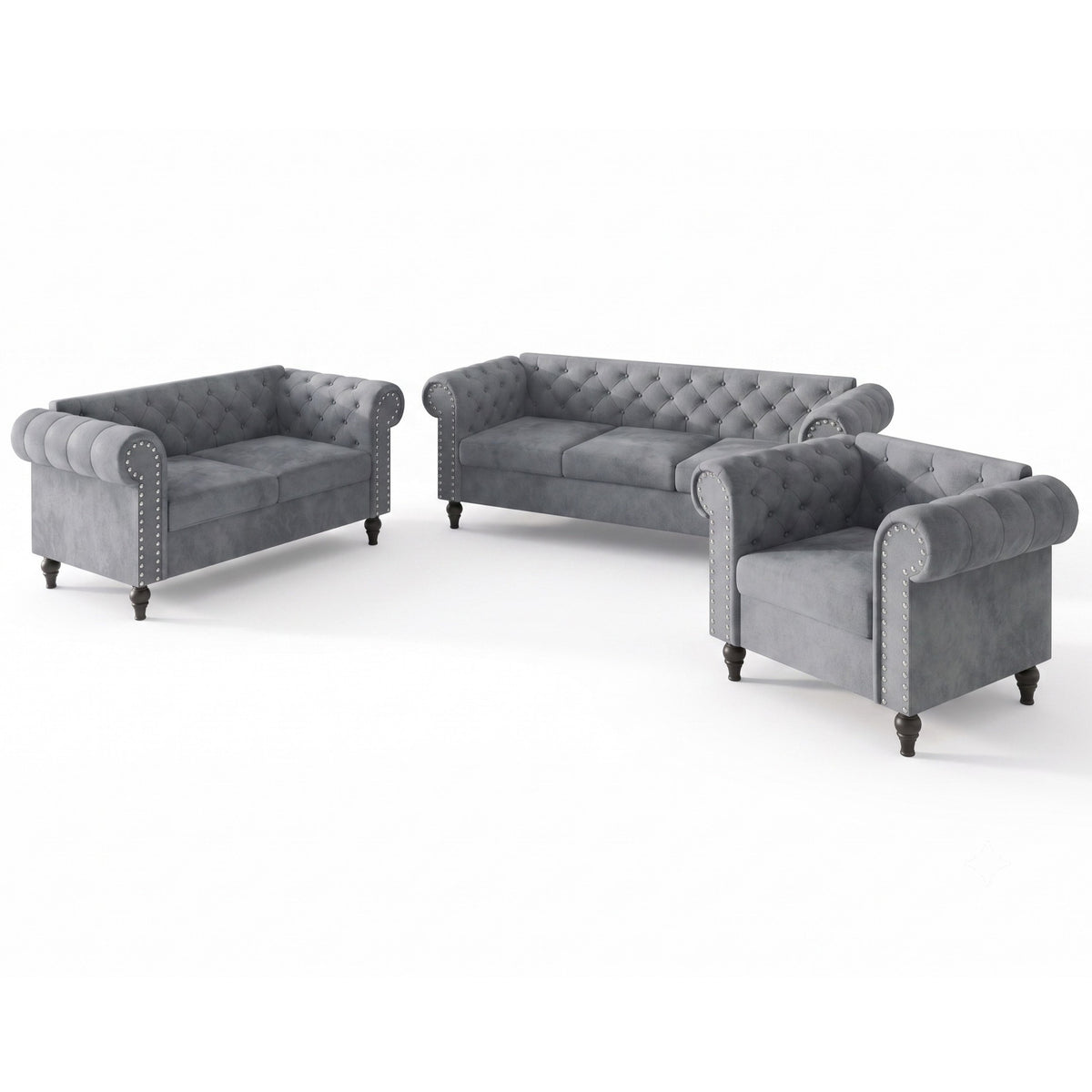 Home Design Kelso 3-Piece Velvet Living Room Set With Rolled Arm Chair, Loveseat and Sofa, Deep Button Tufting and Turned Legs