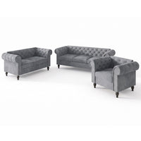 Home Design Kelso 3-Piece Velvet Living Room Set With Rolled Arm Chair, Loveseat and Sofa, Deep Button Tufting and Turned Legs