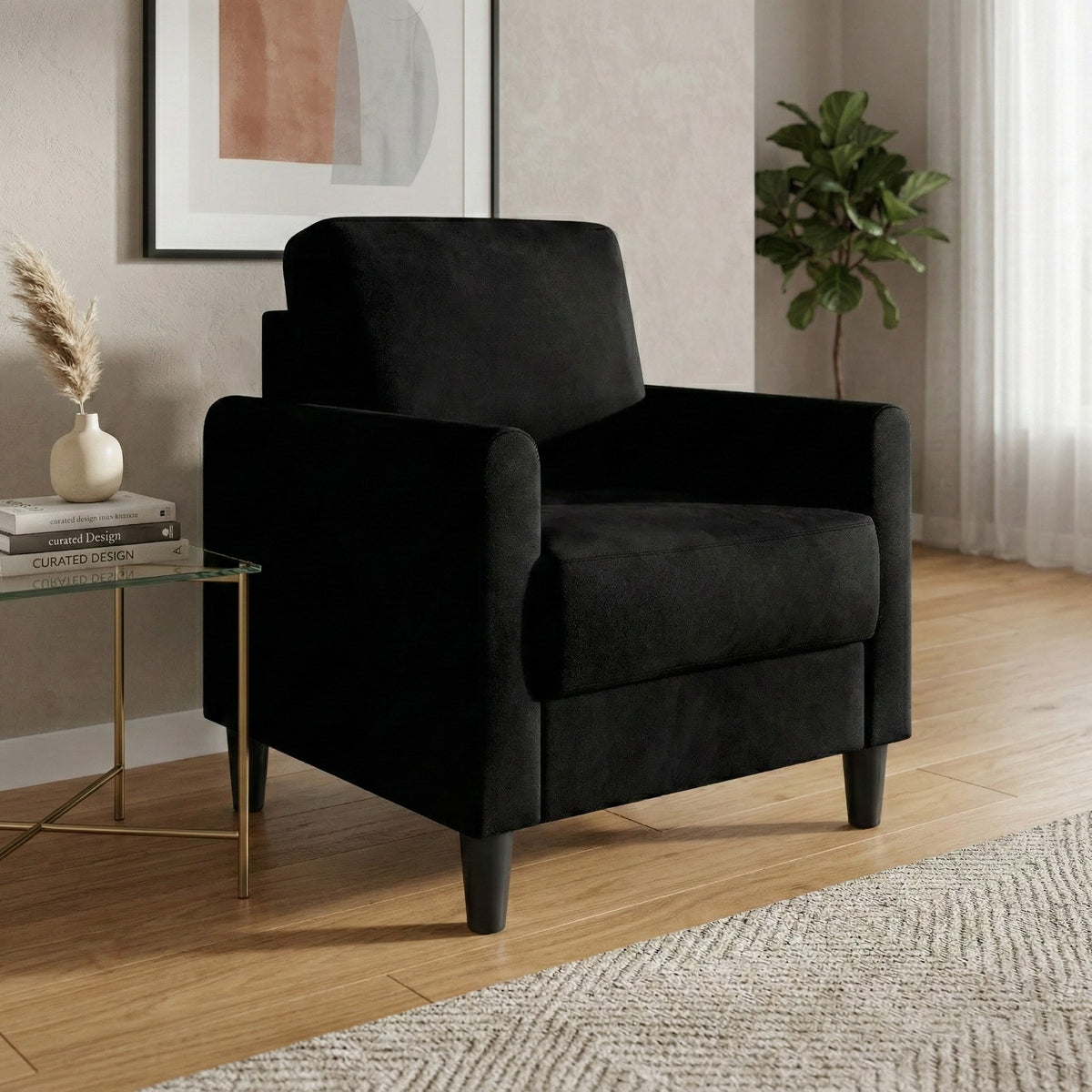 Home Design Goliad Velvet Armchair with Pocket Spring, Soft Cushions, Clean Lines Design