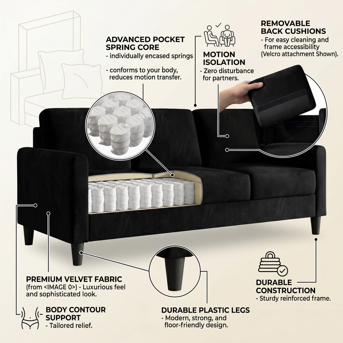 Home Design Goliad 2-Piece Velvet Living Room Set with Loveseat and Sofa, Pocket Spring Design, Soft Cushions, Clean Lines Design