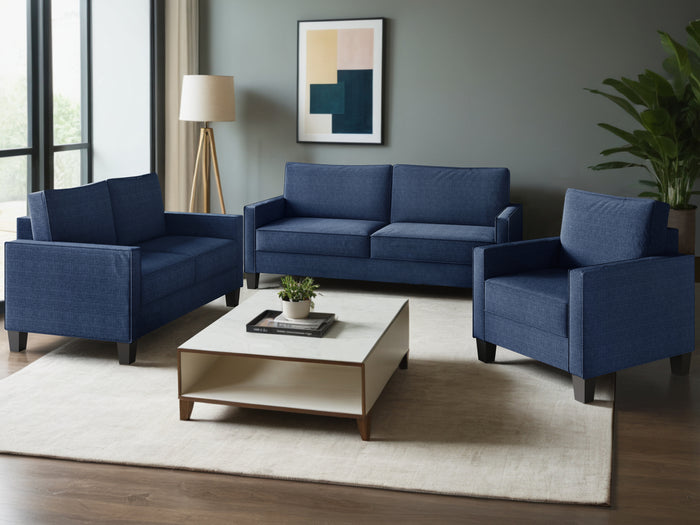Home Design Marcia 3-Piece Square Arm Living Room Furniture Set with Armchair, Loveseat and Sofa, Blue