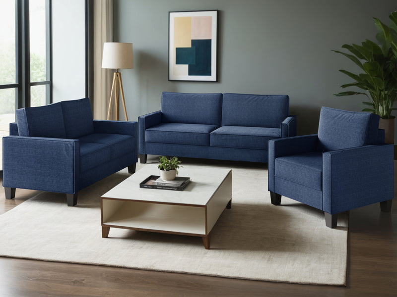 Home Design Marcia 3-Piece Square Arm Living Room Furniture Set with Armchair, Loveseat and Sofa, Blue