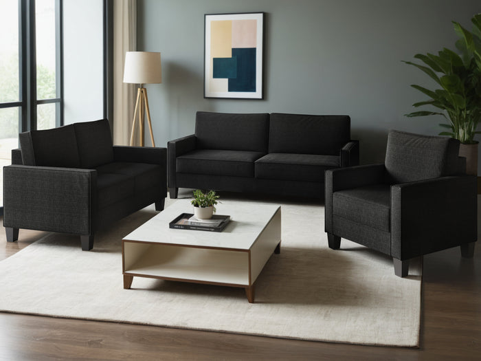 Home Design Marcia 3-Piece Square Arm Living Room Furniture Set with Armchair, Loveseat and Sofa, Black