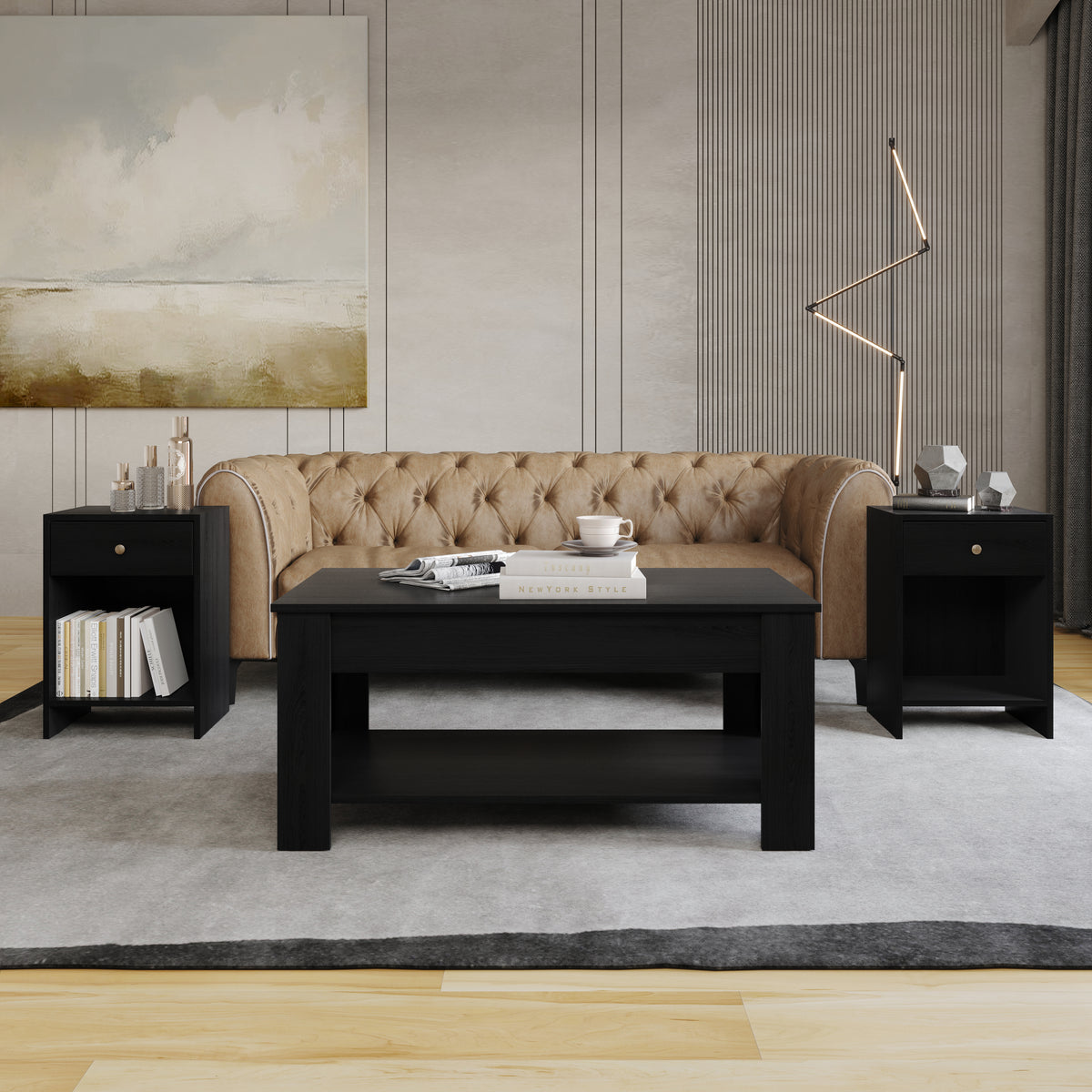 Home Design Magnolia 3 Piece Coffee Table Set - Includes Coffee table with Lift-Up top and 2 End Tables