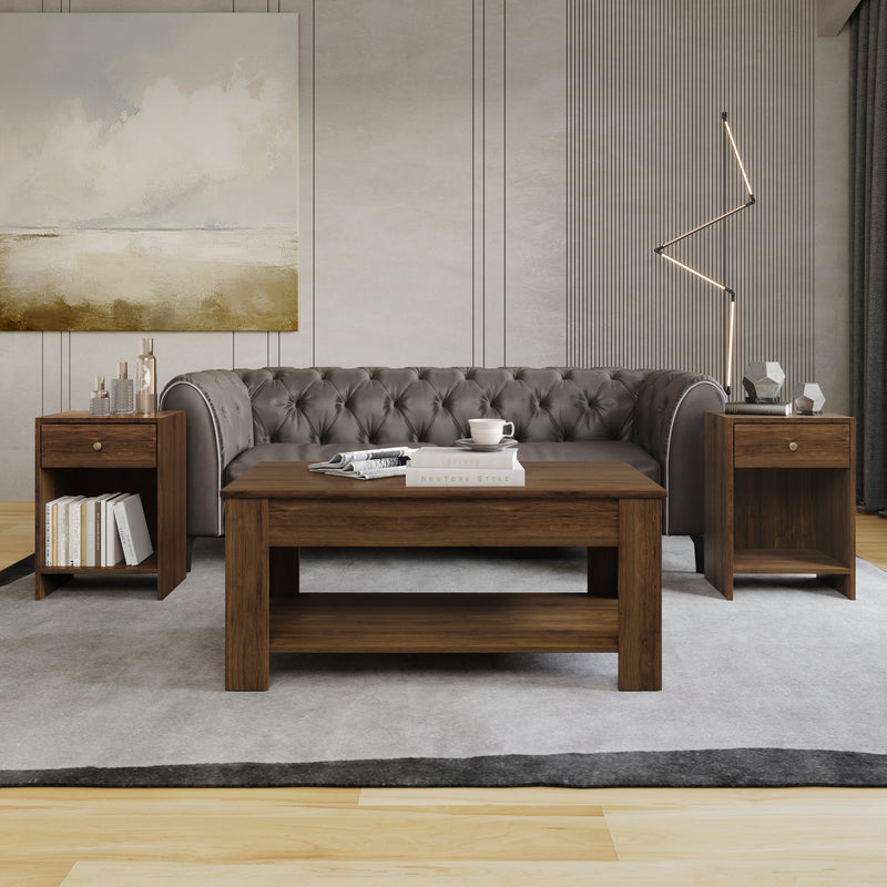 Home Design Magnolia 3 Piece Coffee Table Set - Includes Coffee table with Lift-Up top and 2 End Tables