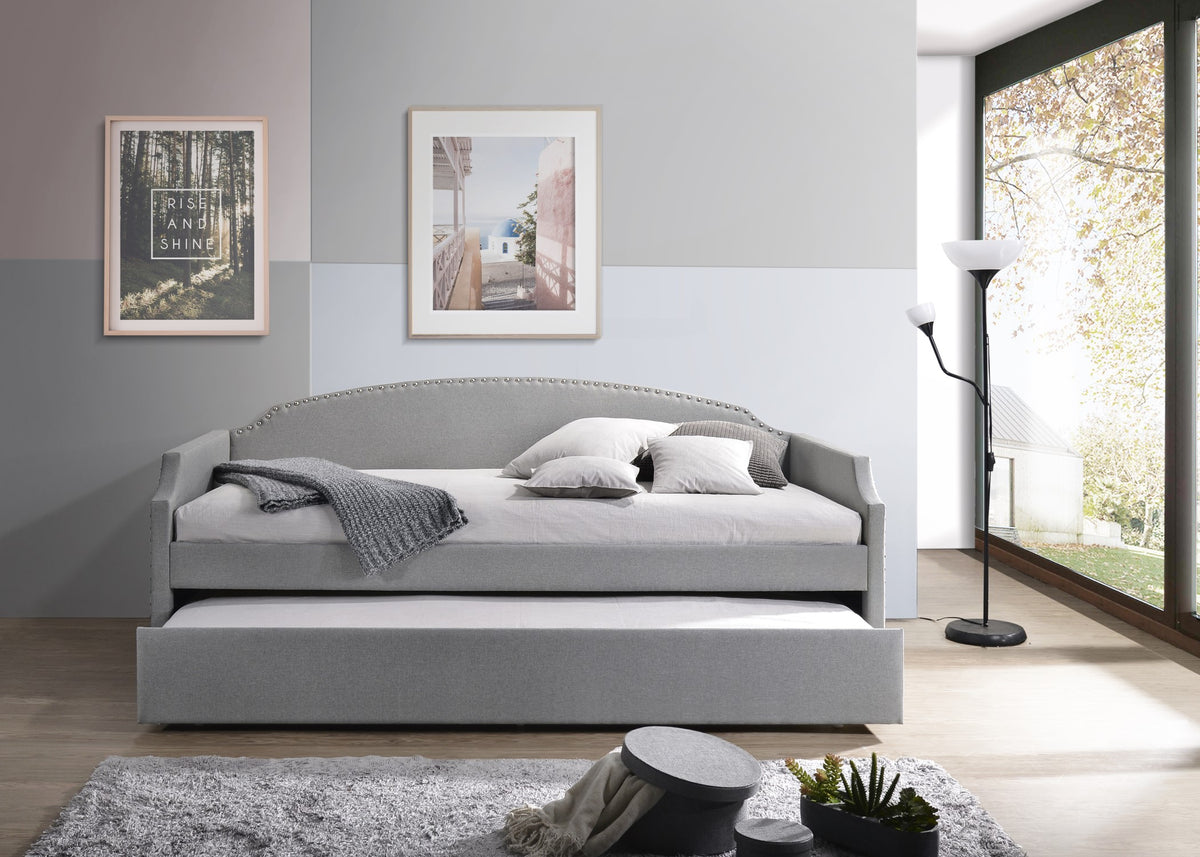 Home Design Yamna Linen Upholstered Daybed with Trundle and Nailhead Trim Design, Easy Assembly