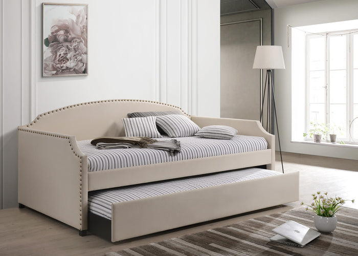 Home Design Yamna Linen Upholstered Daybed with Trundle and Nailhead Trim Design, Easy Assembly