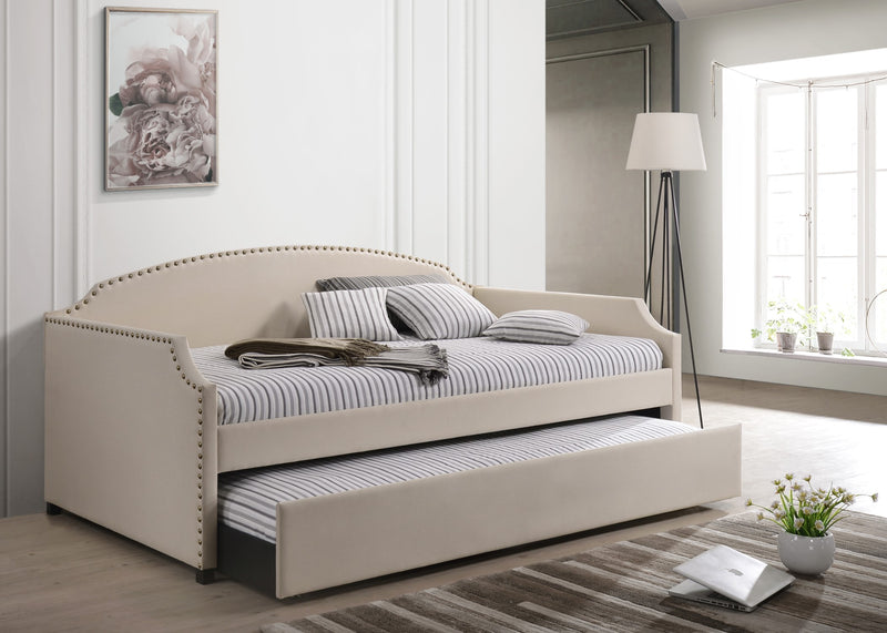 Home Design Yamna Linen Upholstered Daybed with Trundle and Nailhead Trim Design, Easy Assembly