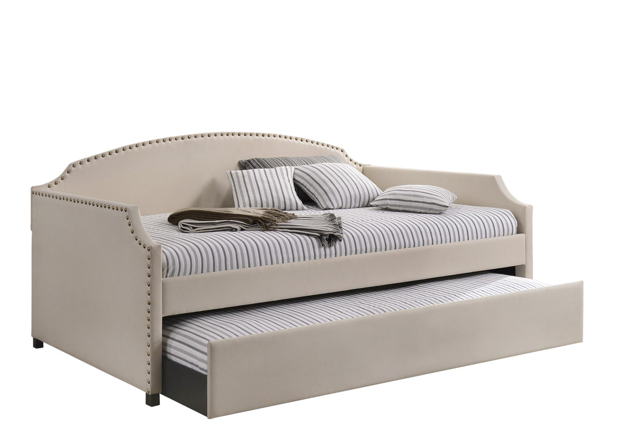 Home Design Yamna Linen Upholstered Daybed with Trundle and Nailhead Trim Design, Easy Assembly