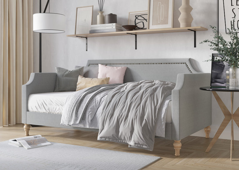 Home Design Pita Upholstered Twin Daybed with Nailhead Trim and Scooped Silhouette – Adult Living Room, Guest Room, or Bedroom, Easy Assembly
