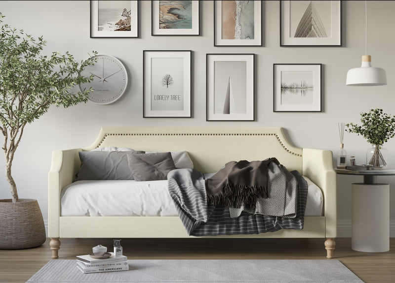 Home Design Pita Upholstered Twin Daybed with Nailhead Trim and Scooped Silhouette – Adult Living Room, Guest Room, or Bedroom, Easy Assembly