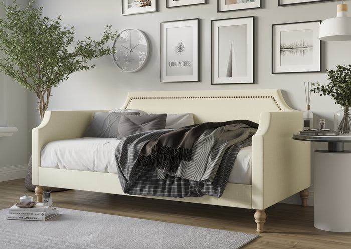Home Design Pita Upholstered Twin Daybed with Nailhead Trim and Scooped Silhouette – Adult Living Room, Guest Room, or Bedroom, Easy Assembly