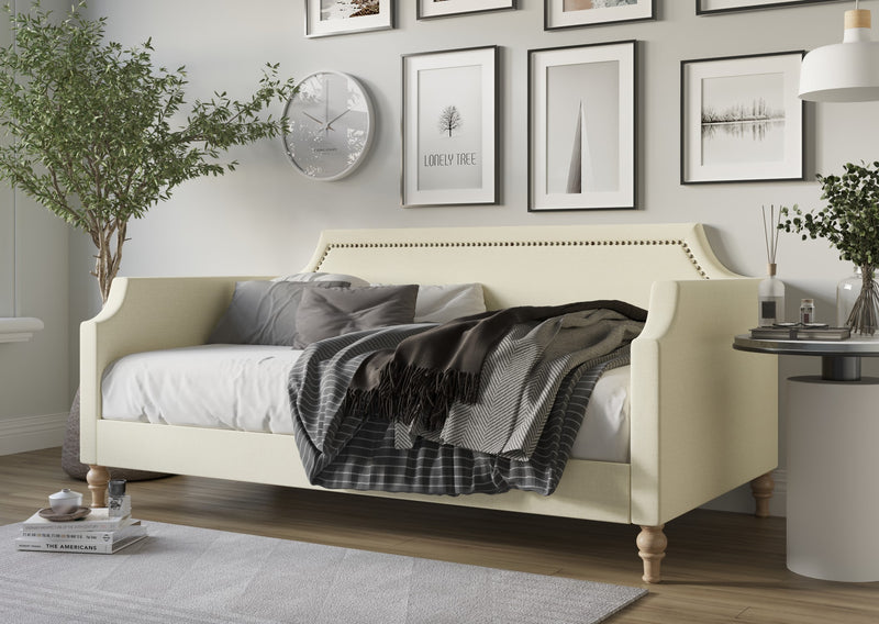 Home Design Pita Upholstered Twin Daybed with Nailhead Trim and Scooped Silhouette – Adult Living Room, Guest Room, or Bedroom, Easy Assembly