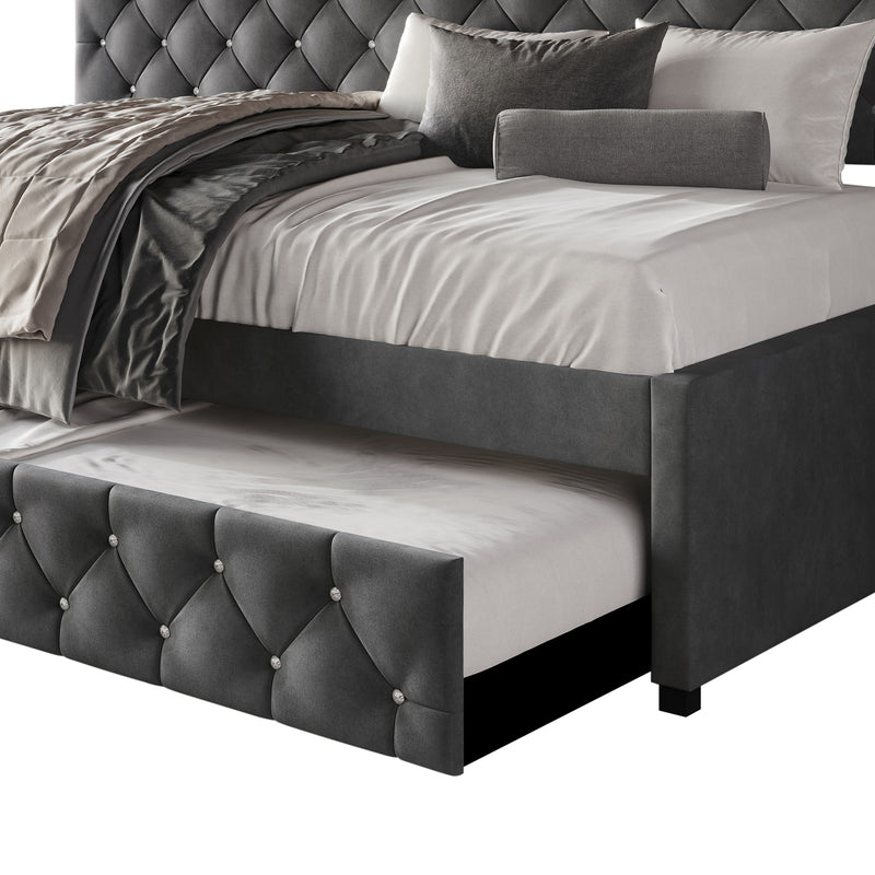 Home Design Darcey Luxurious Velvet Upholstered Daybed with Pull-Out Trundle, Diamond Button Tufted, Easy Assembly