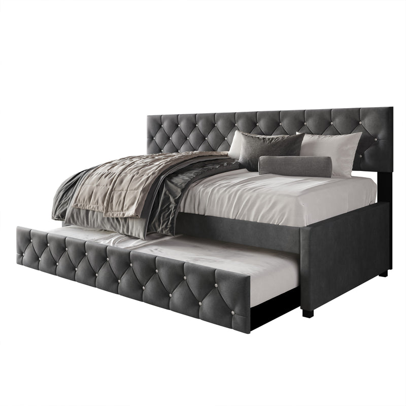 Home Design Darcey Luxurious Velvet Upholstered Daybed with Pull-Out Trundle, Diamond Button Tufted, Easy Assembly