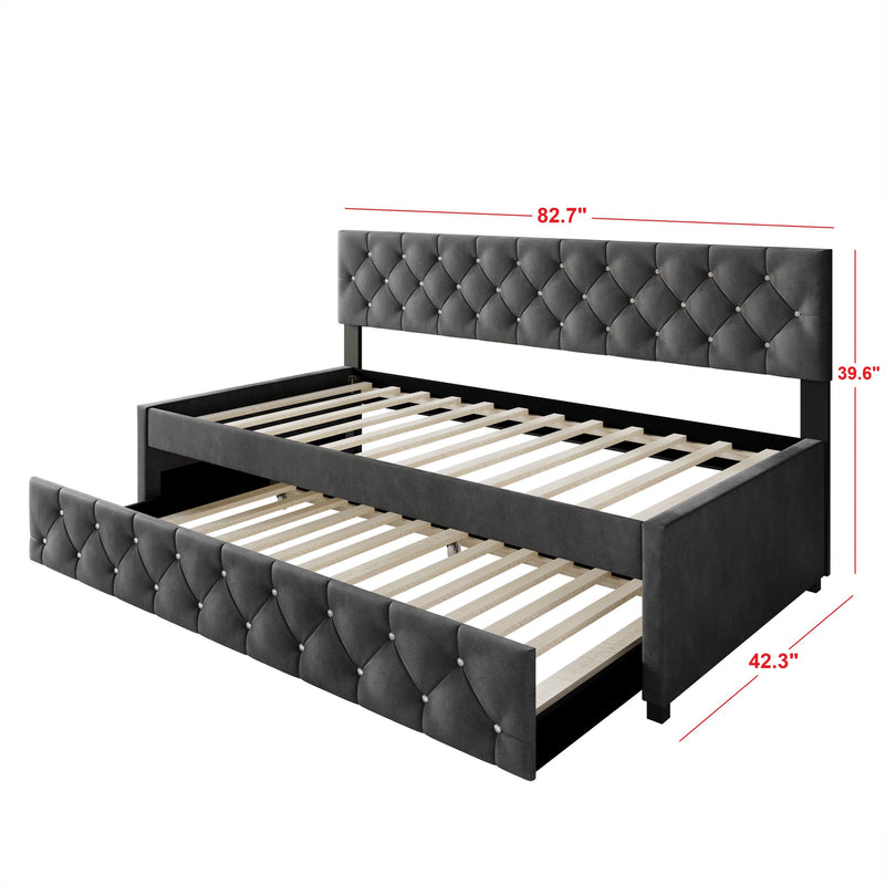 Home Design Darcey Luxurious Velvet Upholstered Daybed with Pull-Out Trundle, Diamond Button Tufted, Easy Assembly