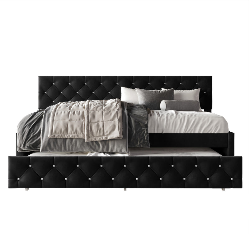 Home Design Darcey Luxurious Velvet Upholstered Daybed with Pull-Out Trundle, Diamond Button Tufted, Easy Assembly