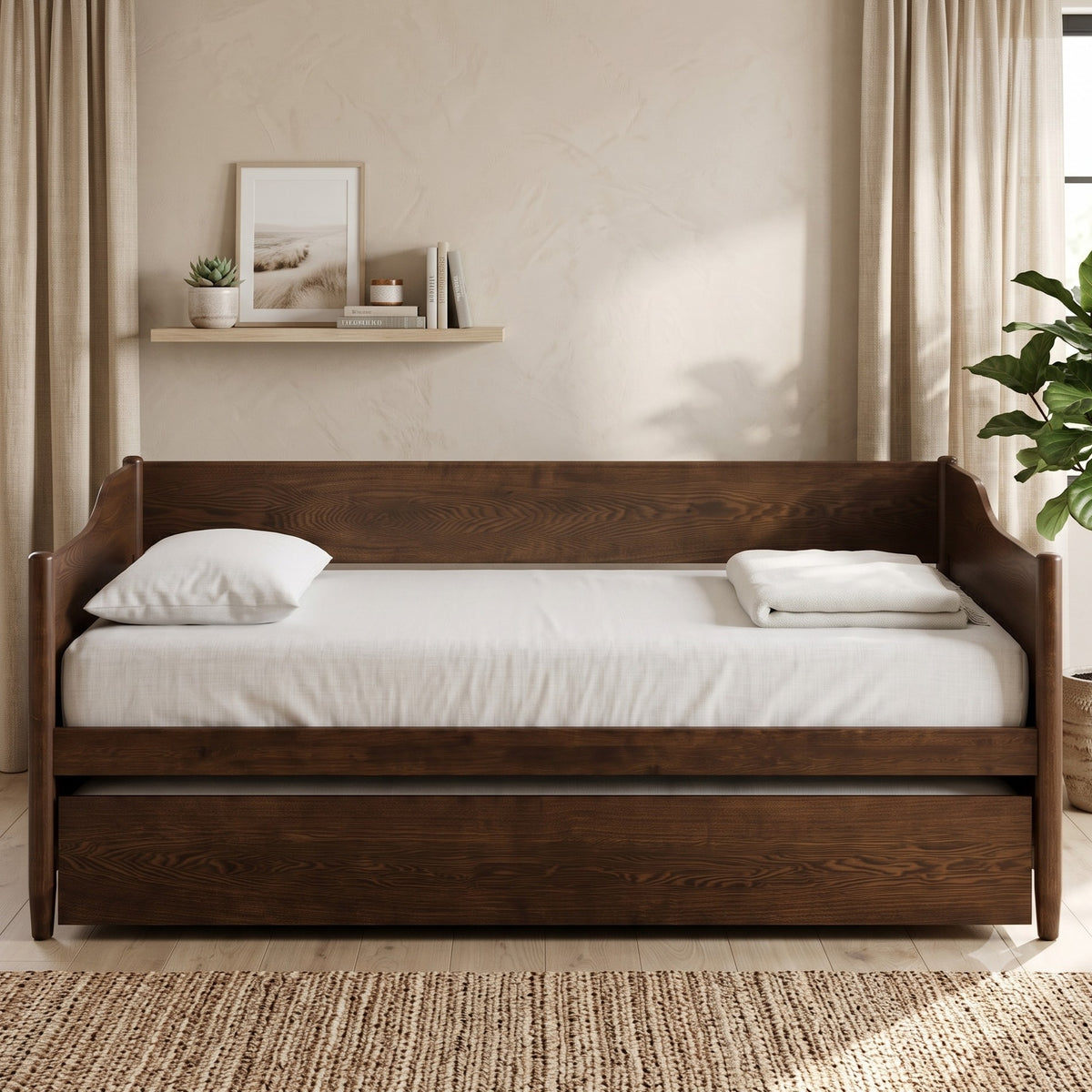 Home Design Dedham Twin Wood Daybed with Pull-Out Twin Trundle, Solid Wood Frame, No Box Spring Needed
