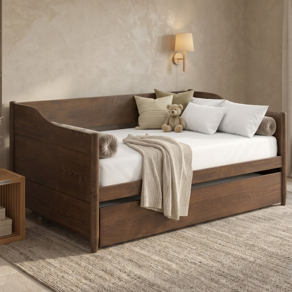 Home Design Dedham Twin Wood Daybed with Pull-Out Twin Trundle, Solid Wood Frame, No Box Spring Needed