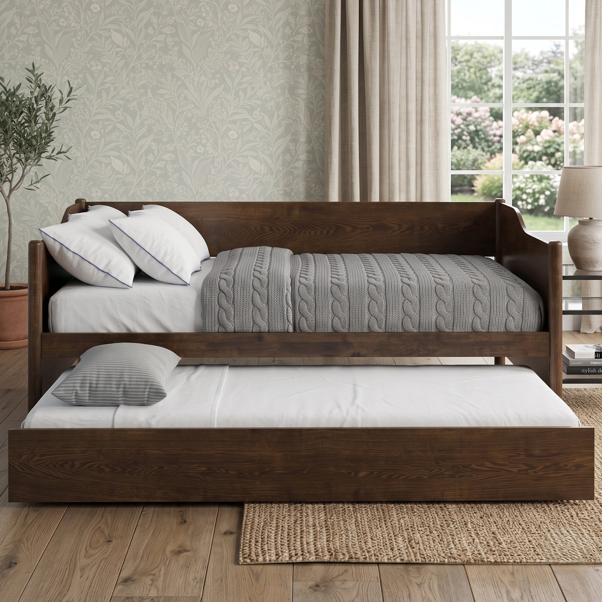 Home Design Dedham Twin Wood Daybed with Pull-Out Twin Trundle, Solid Wood Frame, No Box Spring Needed