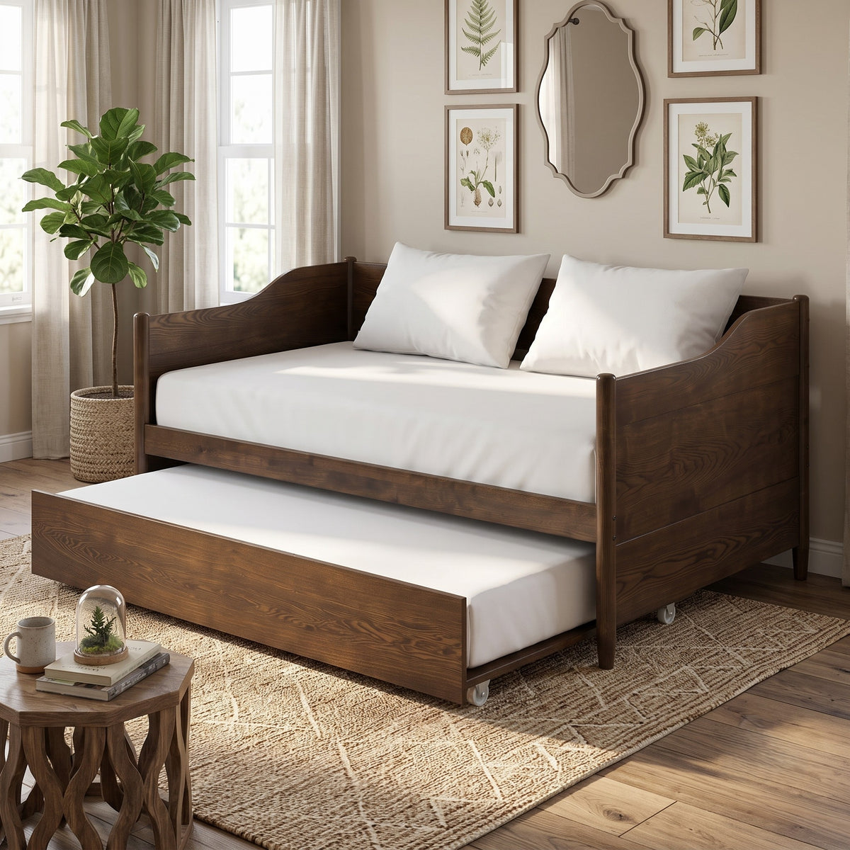 Home Design Dedham Twin Wood Daybed with Pull-Out Twin Trundle, Solid Wood Frame, No Box Spring Needed