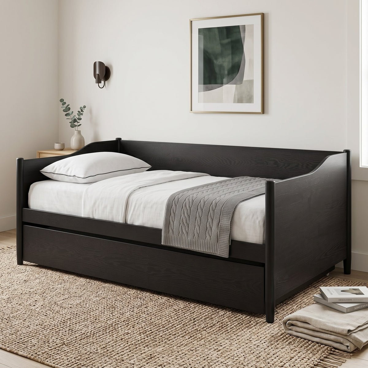 Home Design Dedham Twin Wood Daybed with Pull-Out Twin Trundle, Solid Wood Frame, No Box Spring Needed