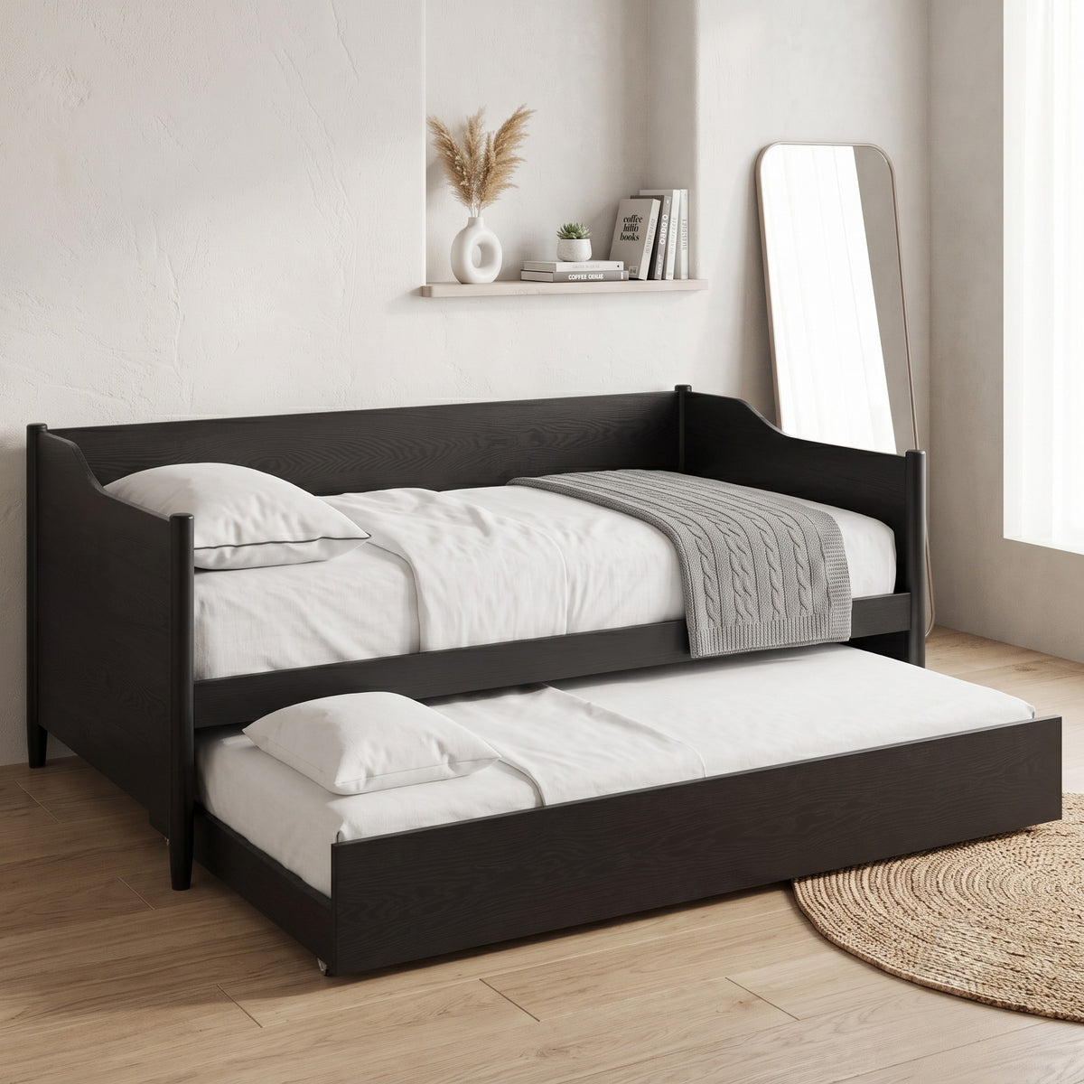 Home Design Dedham Twin Wood Daybed with Pull-Out Twin Trundle, Solid Wood Frame, No Box Spring Needed
