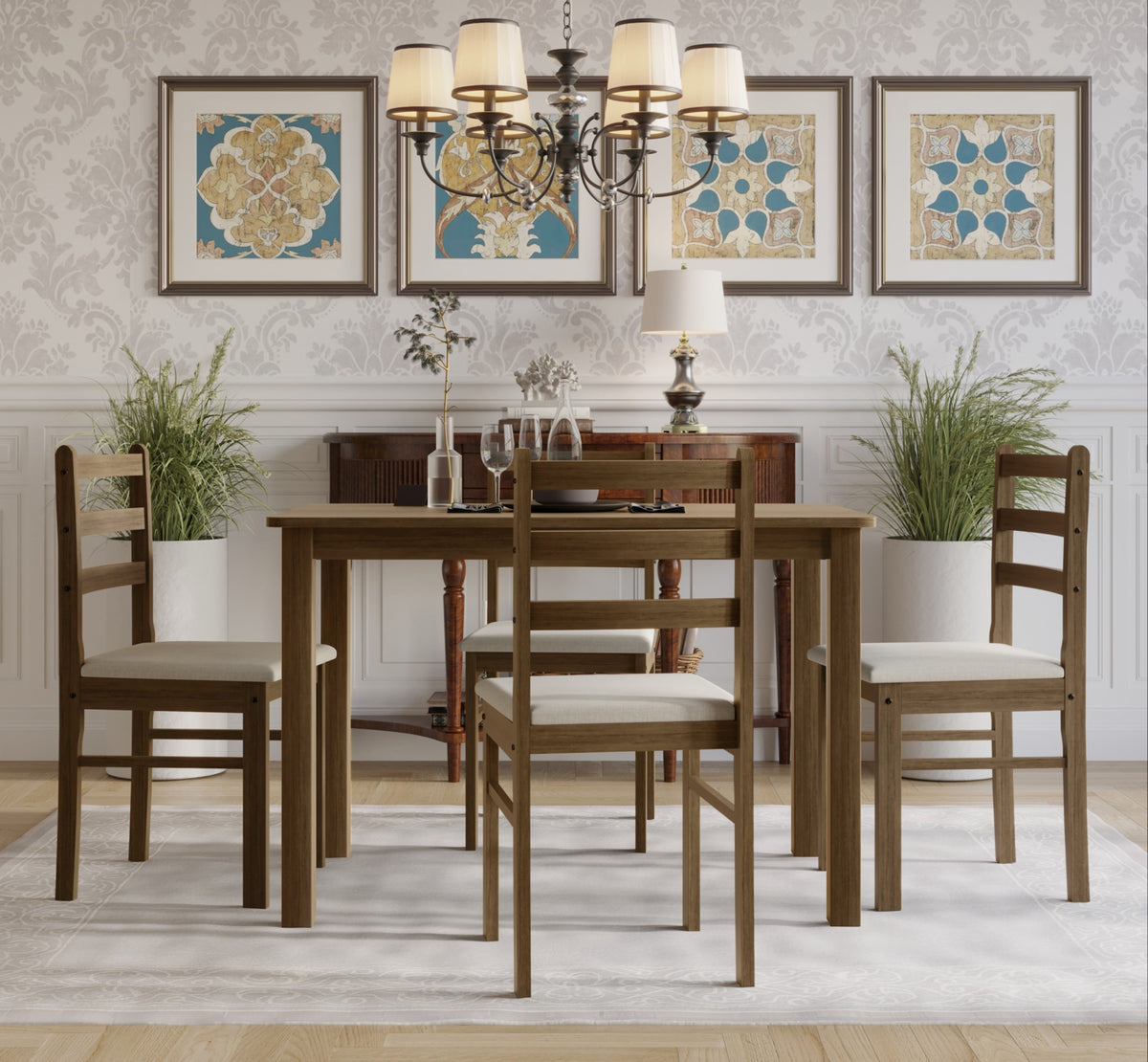 Home Design 5 Pieces Milford Starter Modern Indoor Dining Set, Table and 4 Chairs - Brown