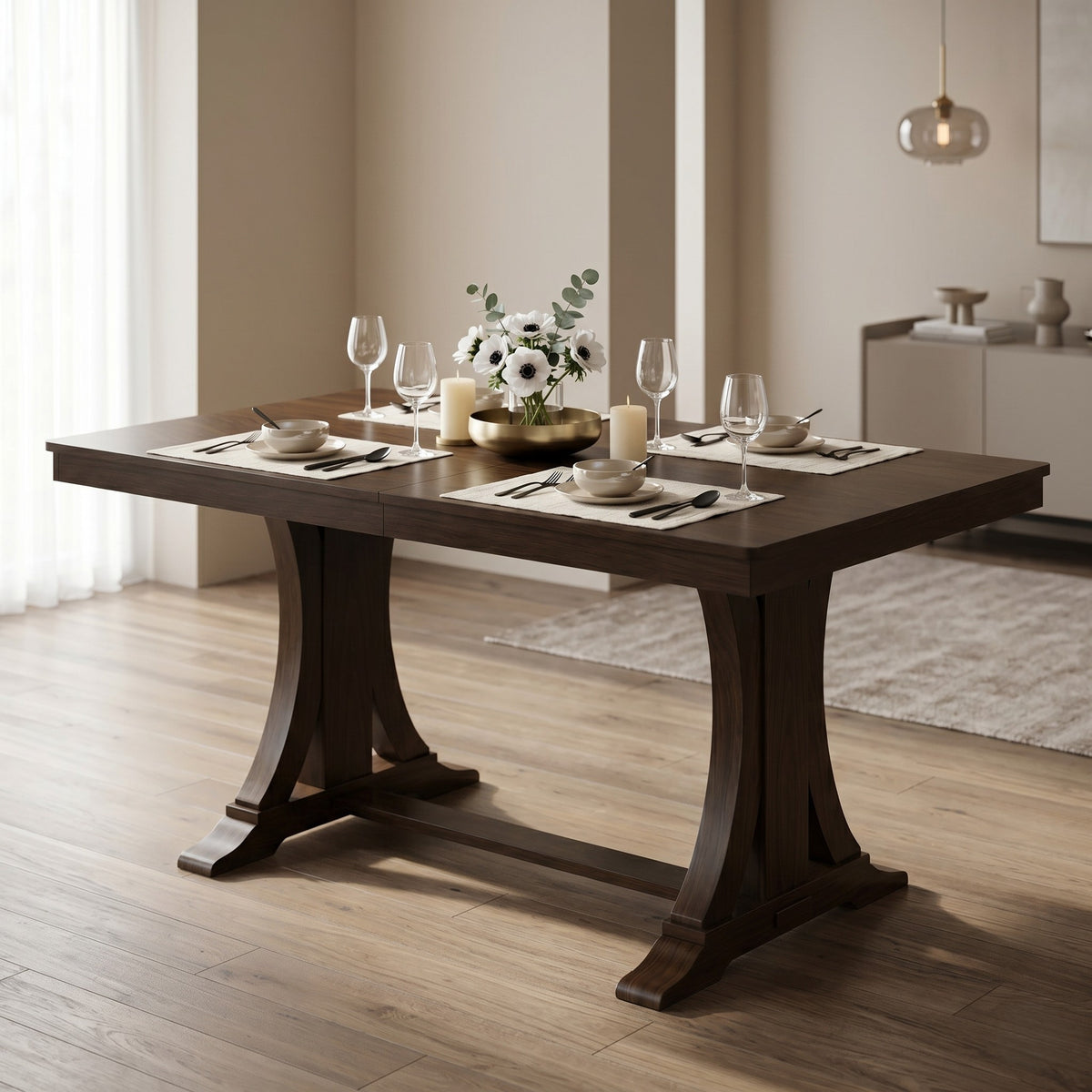 Home Design Talon Rectangular Dining Table with Trestle Base, Solid Wood Construction, Traditional Style