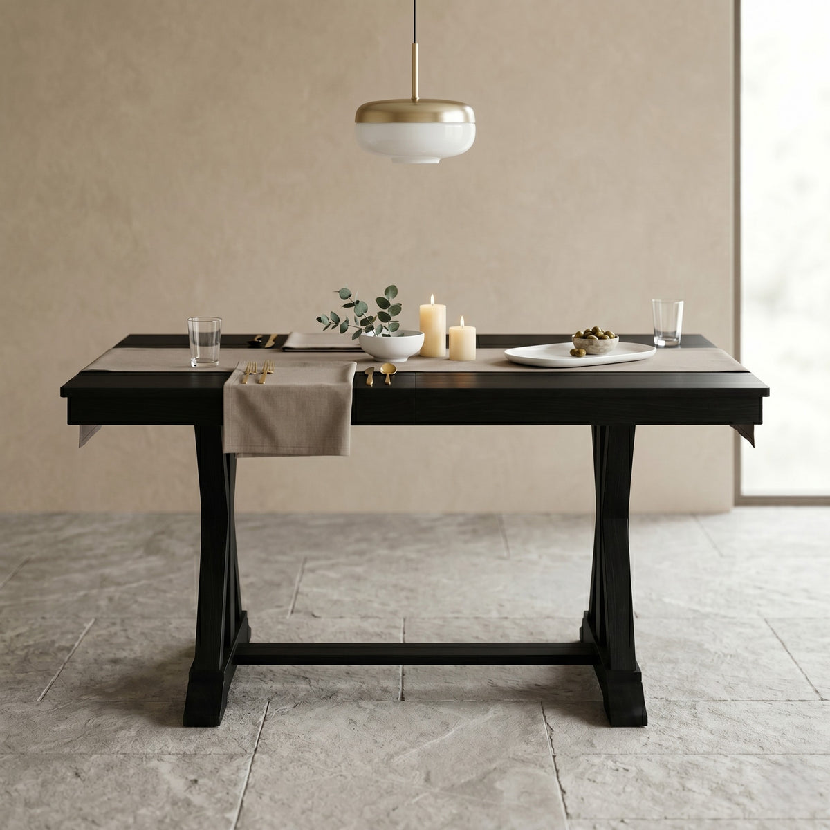 Home Design Talon Rectangular Dining Table with Trestle Base, Solid Wood Construction, Traditional Style