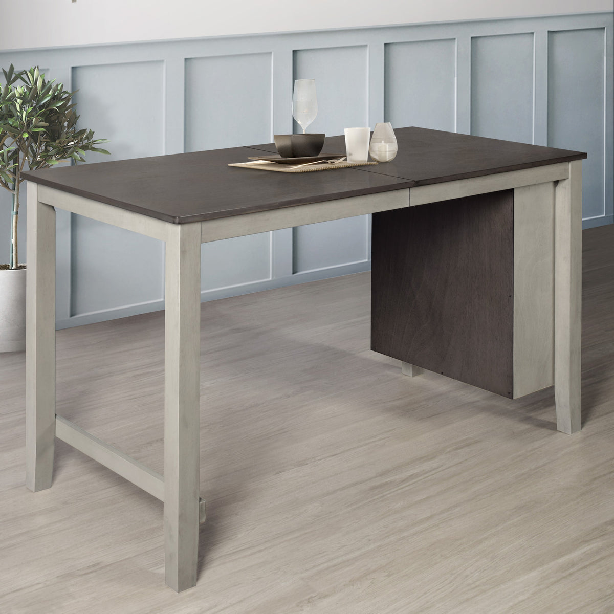 5-Piece Africa Counter Height Dining Set, Antique Gray/Warm Gray, Rectangular table with shelves, Armless cushioned chairs, Comfortable seating, Modern style, Space-saving, Durable construction