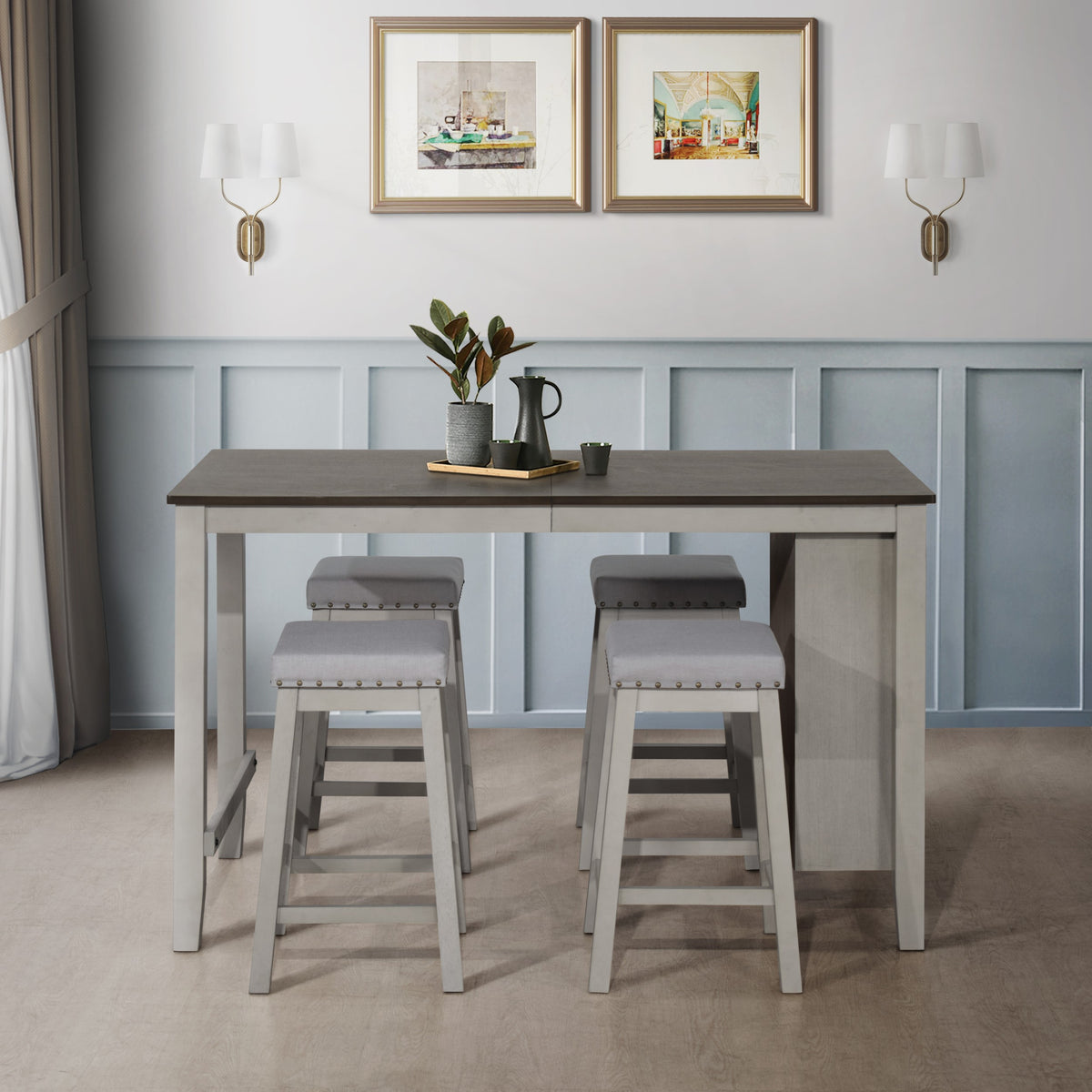 5-Piece Africa Counter Height Dining Set, Antique Gray/Warm Gray, Rectangular table with shelves, Armless cushioned chairs, Comfortable seating, Modern style, Space-saving, Durable construction